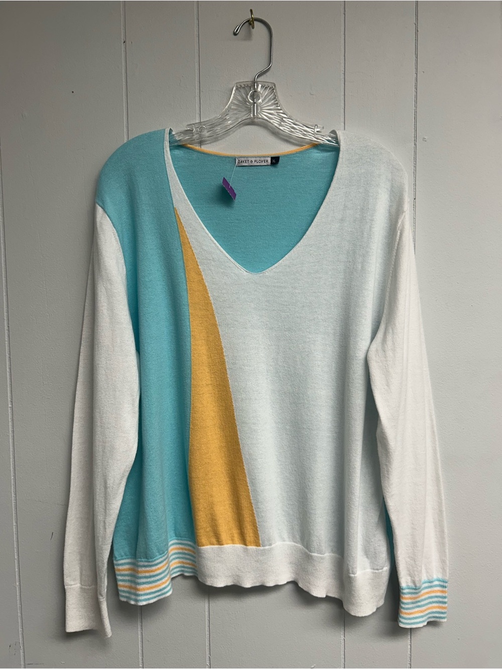 Colorblock V-Neck Sweater in White, Aqua & Mustard